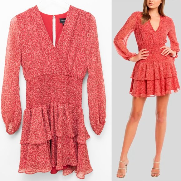 Bardot Dresses & Skirts - Bardot Ditsy Dress Gauzy Shirred Long Sleeve Mini V-Neck Red Pais Size XS 4 New